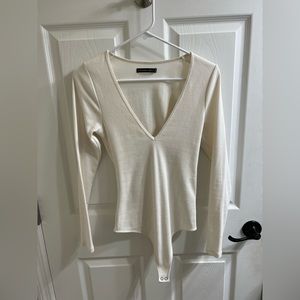 Ribbed V Neck White Long Sleeve Abercrombie & Fitch Bodysuit